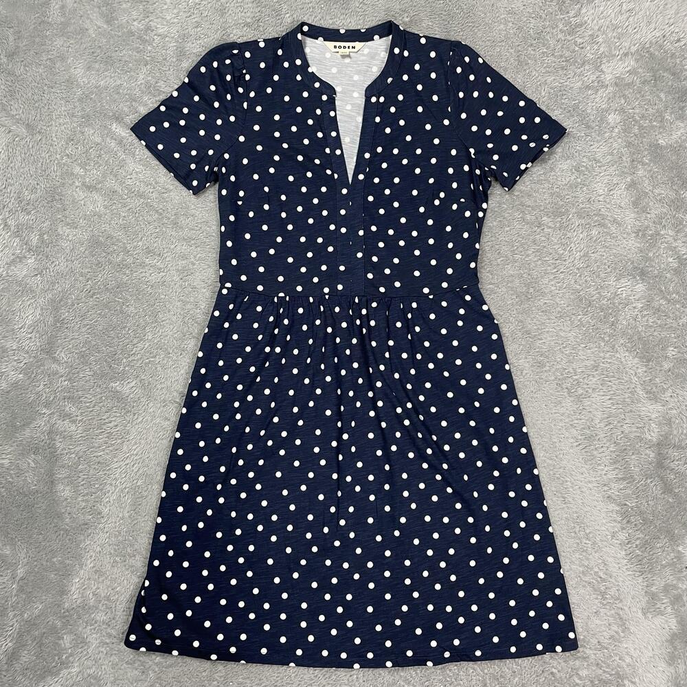Boden Fit & Flare Dress Womens 8 Blue Polka Dot V Neck Short Sleeve Jersey Knit
